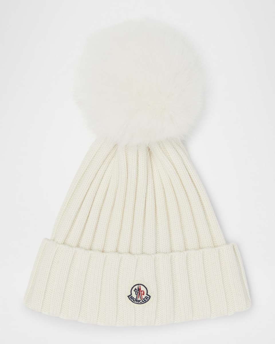Ribbed Logo Beanie with Faux Fur Pom